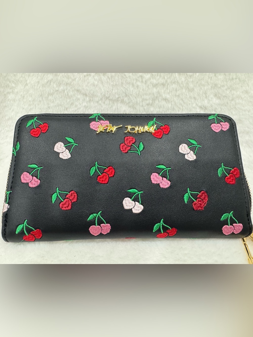 NWOT Betsey Johnson Black Cherry Embroidered Zip Wallet